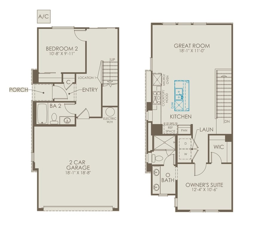 Two-bedroom floor plan for one unit in a duplex