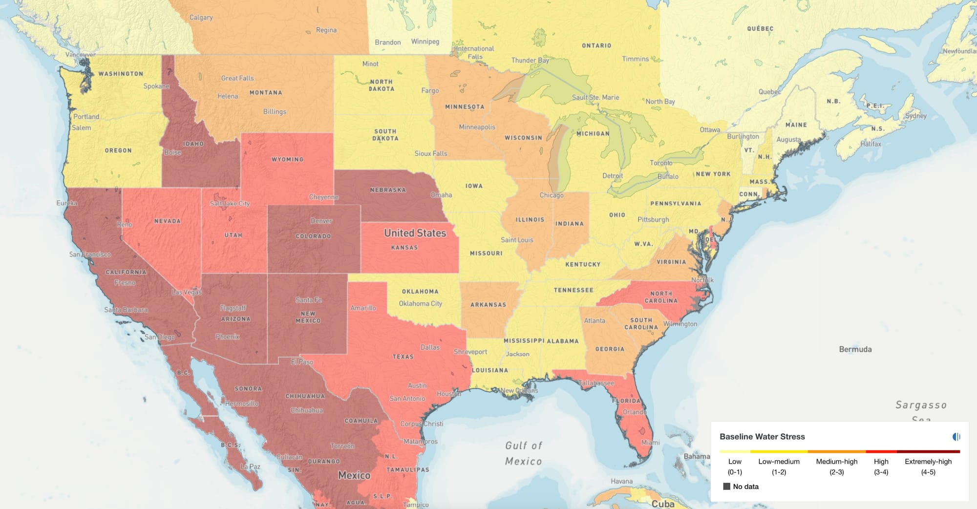 Map of the United States showing water-stressed areas of the country
